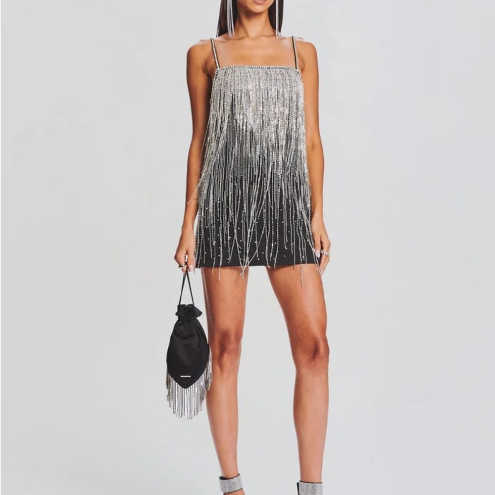 Juliette Embellished Silver and Black Fringe Mini Dress